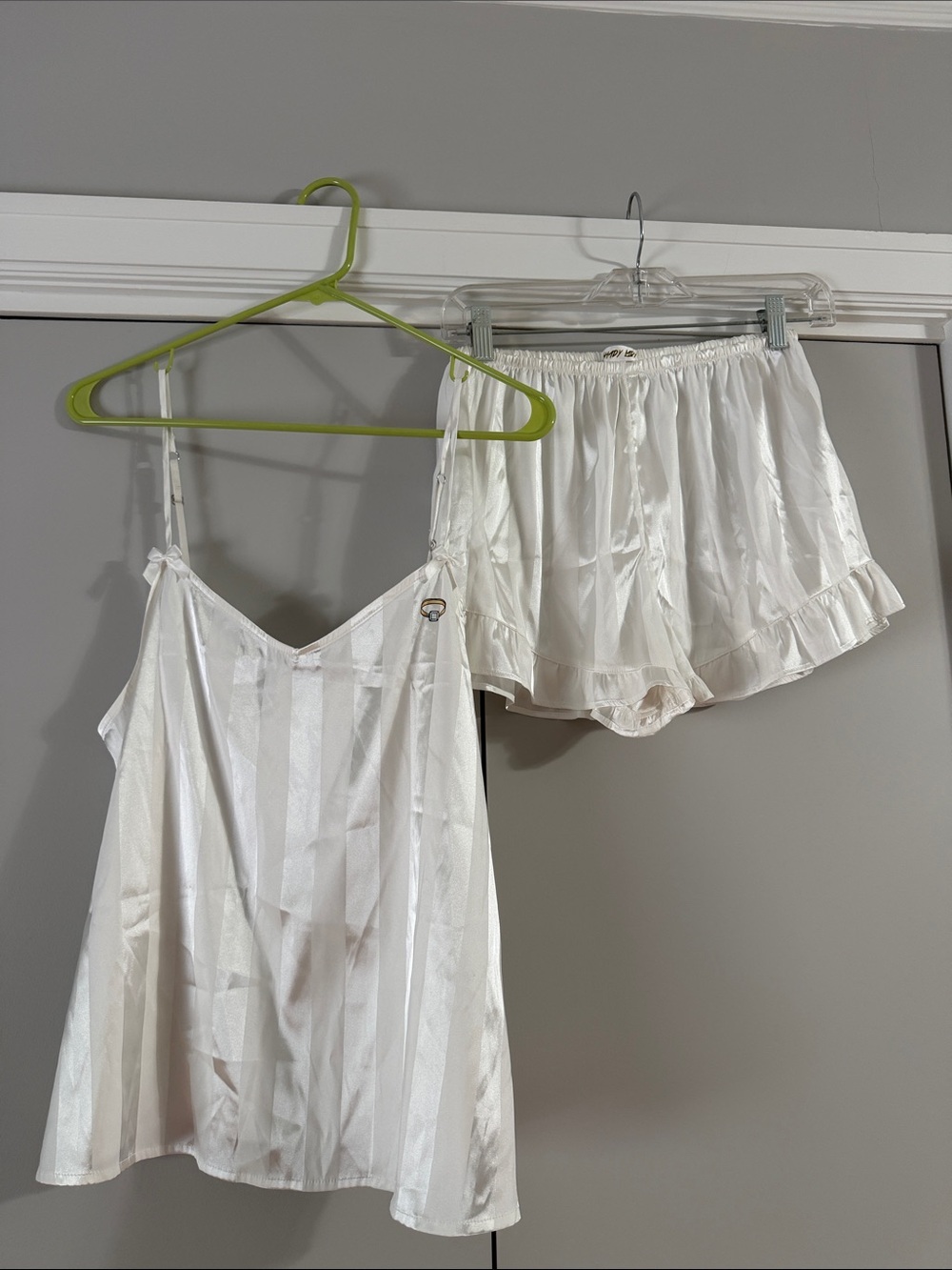 Silky White Satin Cami & Ruffle Short Sleep Set